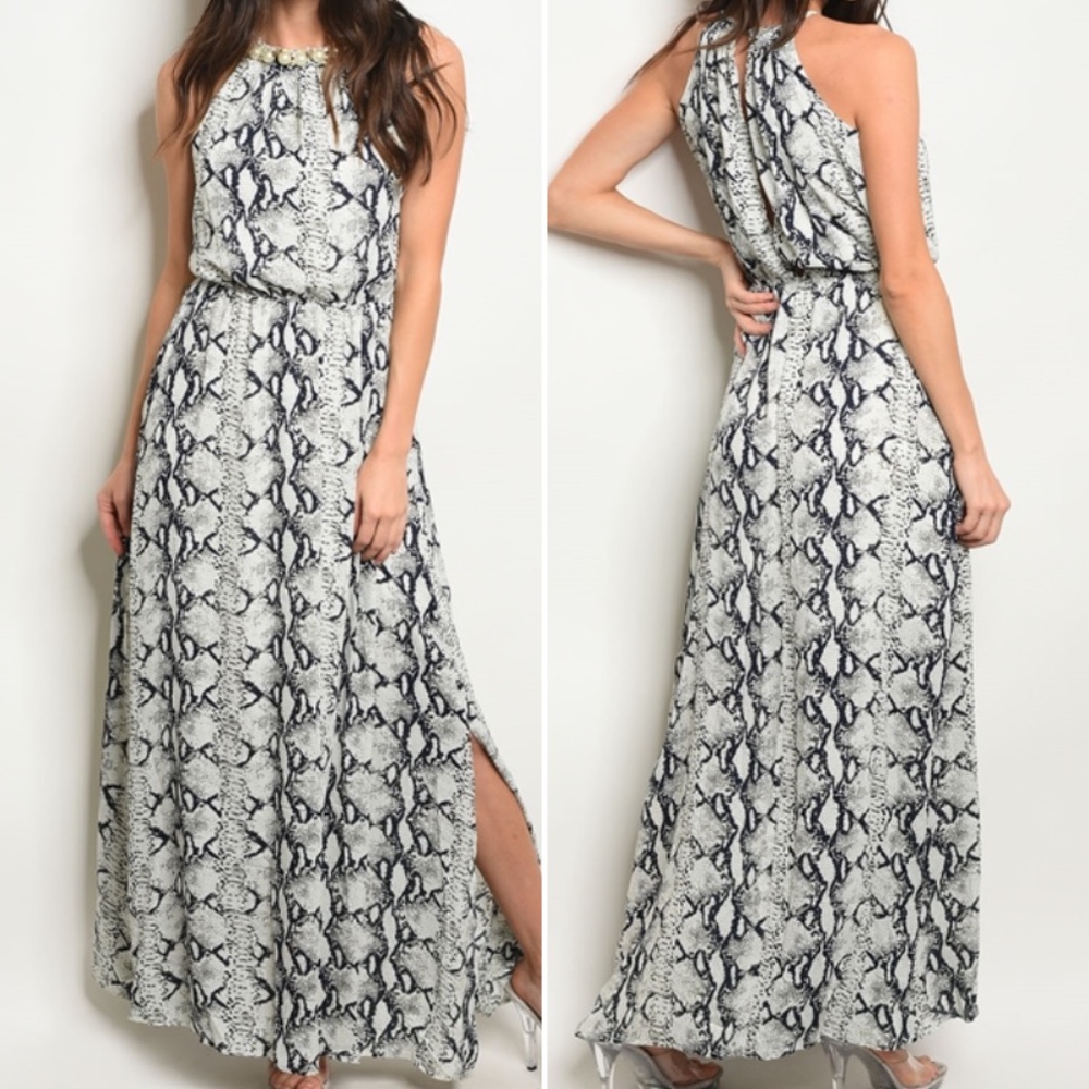 Sleeveless snake print maxi dress.